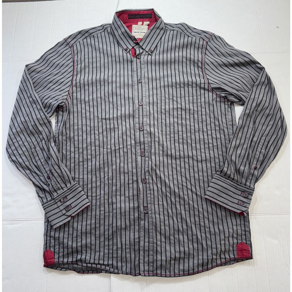 Haupt Germany Men’s Large 41/42, 16.5 Button Up Shirt Long Sleeve Gray Striped